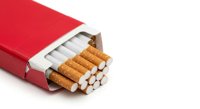 A red cigarette pack reveals white-tipped cigarettes with brown filters, symbolic of habit, addiction, or a product showcase