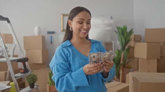 Woman counting dollars with hands and smiling amid packed boxes and ladder near potted plant in building; moving success joy.