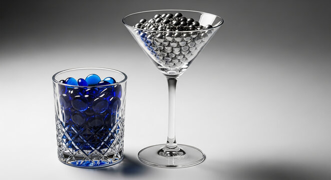 Two glass containers filled with colorful marbles, one clear glass with blue marbles, the other a martini glass with metallic spheres, representing choices or collections.
