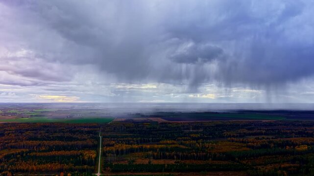 Aerial view of a straight road cutting through a dense forest under dramatic rain clouds and heavy precipitation over the horizon in Europe.