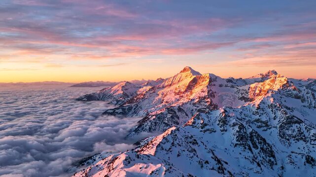 Aerial Dawn Over Snow-Capped Alpine Peaks with Sea of Clouds