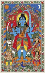 Fototapeta premium This colorful artwork showcases Lord Shiva, Parvati, Ganesha, and Nandi, adorned with traditional Indian motifs and celestial elements, AI generated