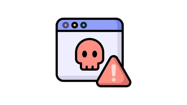 Computer virus alert skull icon on browser window with warning sign.