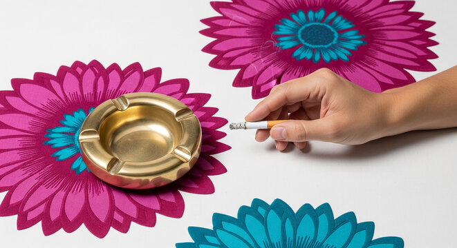 Hand holding a lit cigarette near a golden ashtray on a surface decorated with colorful floral patterns, symbolizing relaxation or a vice.