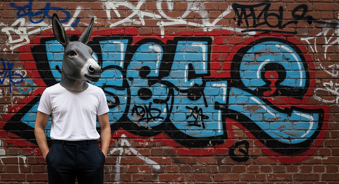Person wearing donkey mask against graffiti brick wall, symbolizing urban art and individuality, representing rebellion and street culture