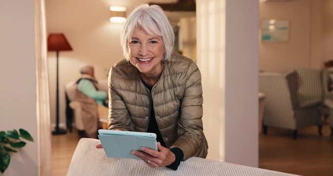 Face, tablet or elderly woman in nursing home with smile, health insurance or online registration. Happy, senior resident or tech in common room for wellness app, retirement center program or network