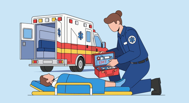 EMT Attending to Patient Beside Ambulance with Medical Kit