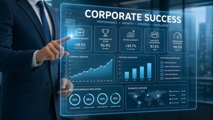 Fototapeta premium A professional businessman interacting with a digital holographic interface displaying corporate success metrics and financial data analytics in office