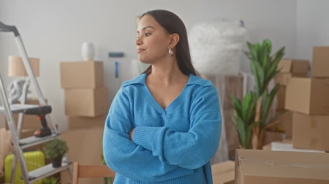 Woman with arms crossed beside stacked moving boxes and ladder in an apartment, looking thoughtful; quiet determination.