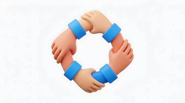 Four cartoon hands holding each other in a circle for unity and teamwork