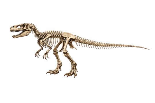 Illustration of a dinosaur skeleton, likely a T-Rex, on a white background.