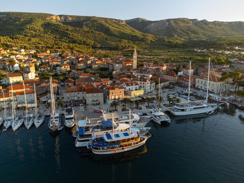 Jelsa on island Hvar in Croatia from above during golden hour