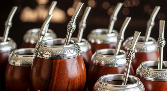 Close-up of traditional mate cups and bombillas, showcasing artisanal craftsmanship and a communal drinking ritual, symbolizing tradition, gathering, and shared experience