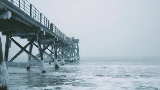 An icy pier extends over a wintry ocean, enveloped in fog and frost, creating a serene yet dramatic coastal landscape. The frozen environment highlights the beauty of winter's harsh elements