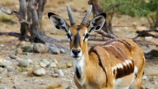 Exceptional 4K wildlife portrait detailing the sharp facial features large alert ears and dark eyes of a tiny Steenbok antelope resting under the sun in the Central Kalahari Game Reserve