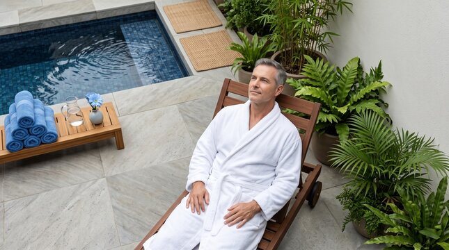 Man relaxing in a white robe by a small pool and lush plants