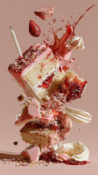 birthday cake ingredients falling through air in dynamic smoothie commercial style, sweet dessert collision with icing candles protein powder jam and cream, colorful celebration food explosion 