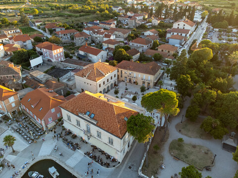 Jelsa on island Hvar in Croatia from above during golden hour