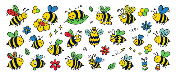 Cute cartoon bees collection isolated on transparent background