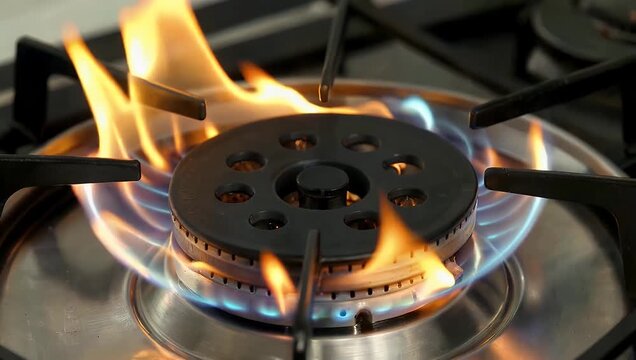 Detailed 4K kitchen b roll capturing a modern gas stovetop burner igniting showing a sudden ring of bright blue propane flames flickering over heavy black cast iron grates for culinary cooking