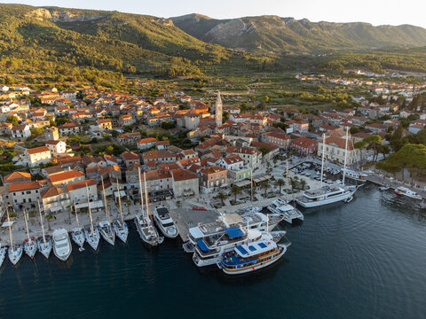 Jelsa on island Hvar in Croatia from above during golden hour