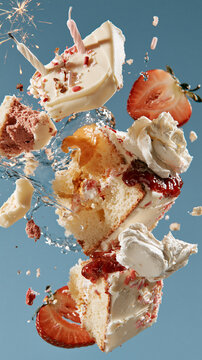 birthday cake ingredients falling through air in dynamic smoothie commercial style, sweet dessert collision with icing candles protein powder jam and cream, colorful celebration food explosion 