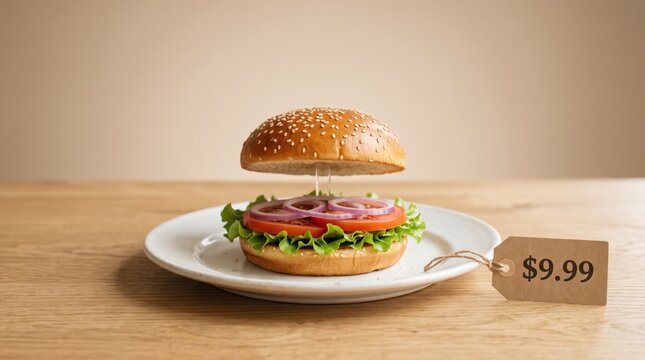 Gourmet Burger with Price Tag: A delectable burger, artfully assembled with fresh ingredients and a golden-brown sesame seed bun, sits on a white plate beside a price tag.