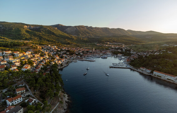 Jelsa on island Hvar in Croatia from above during golden hour