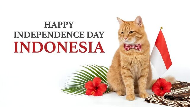 Cute ginger cat celebrating Indonesian Independence Day next to national flag, batik, and hibiscus flowers on white background.