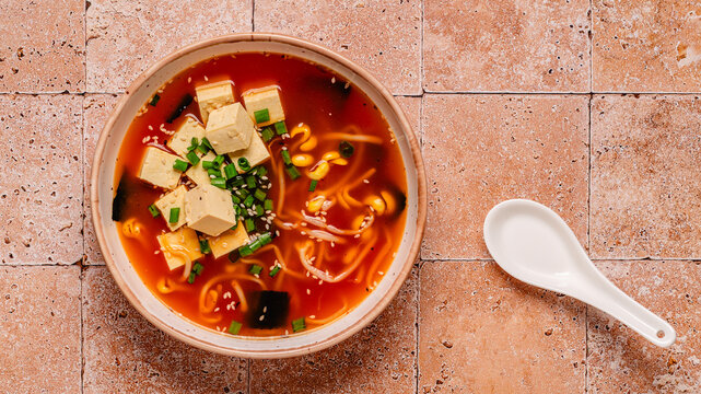 Spicy miso soup with tofu and bean sprouts