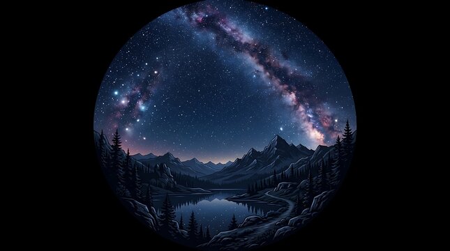 Milky way galaxy over mountain lake and forest in circular frame