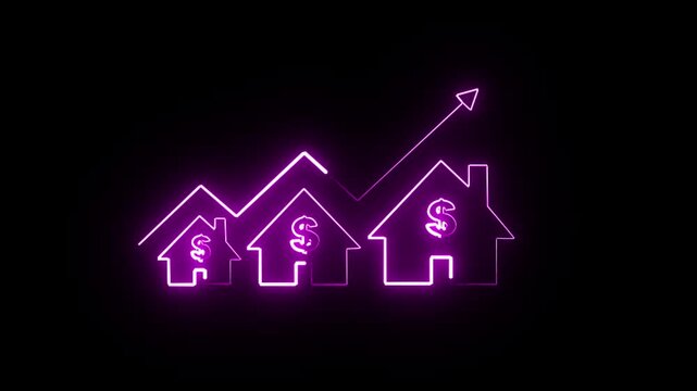 Home icon house sign neon lights animation with up arrow Dollar increase. Neon House, home building animation. Neon line of Dollar sign with up arrow inside house icon on transparent. 4k vidio