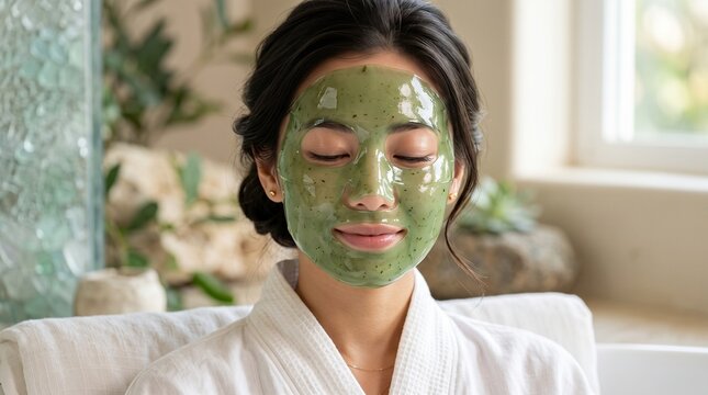 Natural green clay face mask on Asian woman, organic seaweed facial treatment for skincare, relaxing home spa wellness routine in white bathrobe