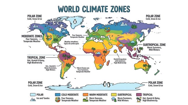 World map infographic displaying global climate zones and weather