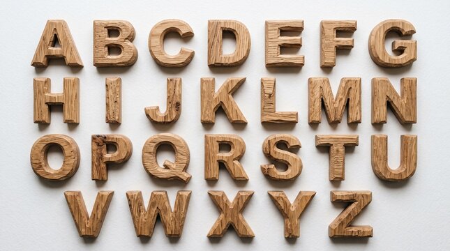 Rustic wooden alphabet A-Z with natural grain texture. Hand-carved block letters in warm oak tones, neatly arranged on a clean white background.