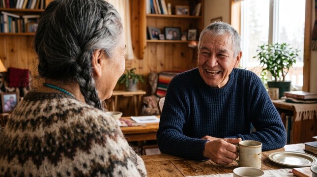 Elderly Couple Sharing a Moment: An elderly Indigenous couple enjoys a warm and intimate conversation over coffee, their faces lit with laughter and affection in a cozy, rustic home setting.