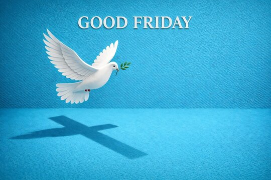 White dove flying with olive branch over cross shadow on blue floor