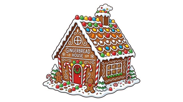 Festive gingerbread house with candy decorations and cookies