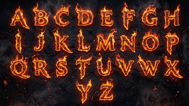 Fiery alphabet A-Z made of burning rock and lava. Each letter glows orange with flames and embers on a dark scorched background.