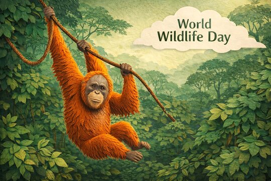 World wildlife day with orangutan swinging on vine in lush green jungle