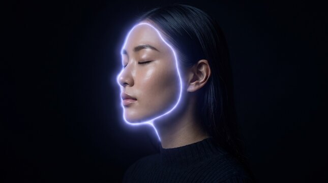 Futuristic facial recognition technology with glowing blue neon light, Asian woman face with biometric scanning interface, artificial intelligence