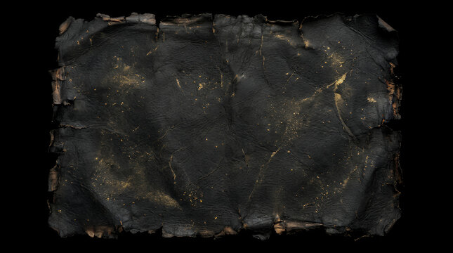 Paper sheet with charred edges and a weathered texture lies flat against a black background, showcasing an antique appearance with dark soot accents and a distressed surface quality.