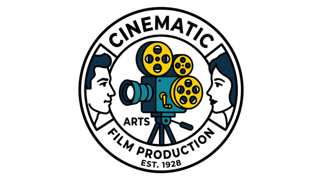 Cinematic film production logo featuring vintage camera and profile illustrations