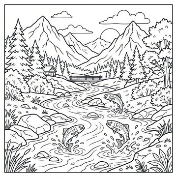 Salmon jumping in mountain river stream
