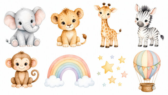 Cute watercolor safari animal clipart set. Baby elephant lion giraffe zebra monkey with rainbow stars and hot air balloon isolated on white. For nursery decor and baby shower