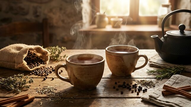 Two cups of hot herbal tea with a teapot and spices on a wooden table in a sunny cozy kitchen.pepper infused tea