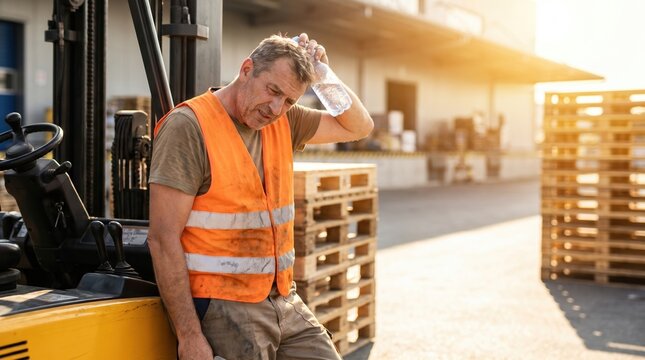 Exhausted male warehouse worker cooling forehead with water bottle. Tired laborer leaning on forklift suffering from summer heat