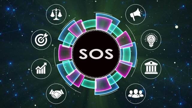 Digital network of business icons and sos in center motion background.