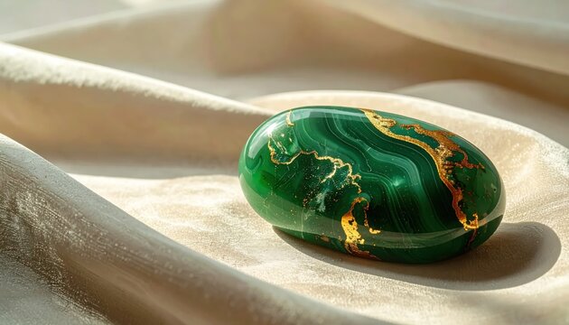 Green Malachite Egg with Gold Veins on Textured Surface.