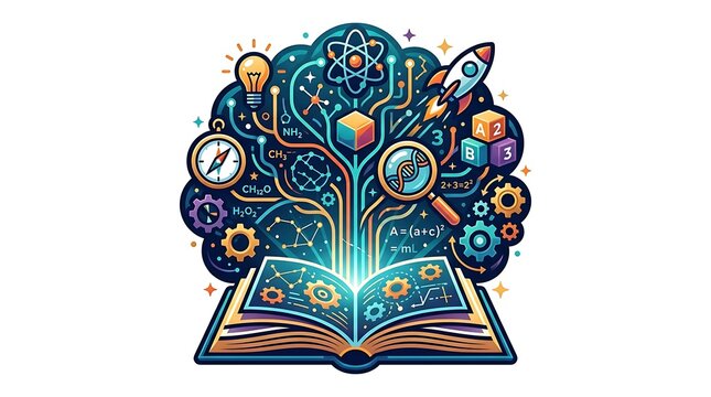 Creative education concept with science and technology icons from book